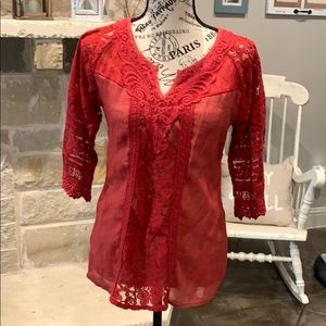 BKE boutique red sheer blouse